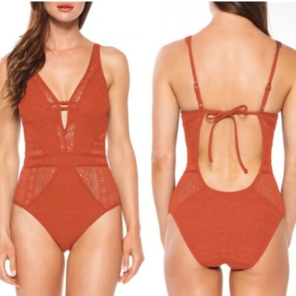 Becca by Rebecca Virtue Show & Tell Plunge Orange Swimsuit Size Small EUC #1383